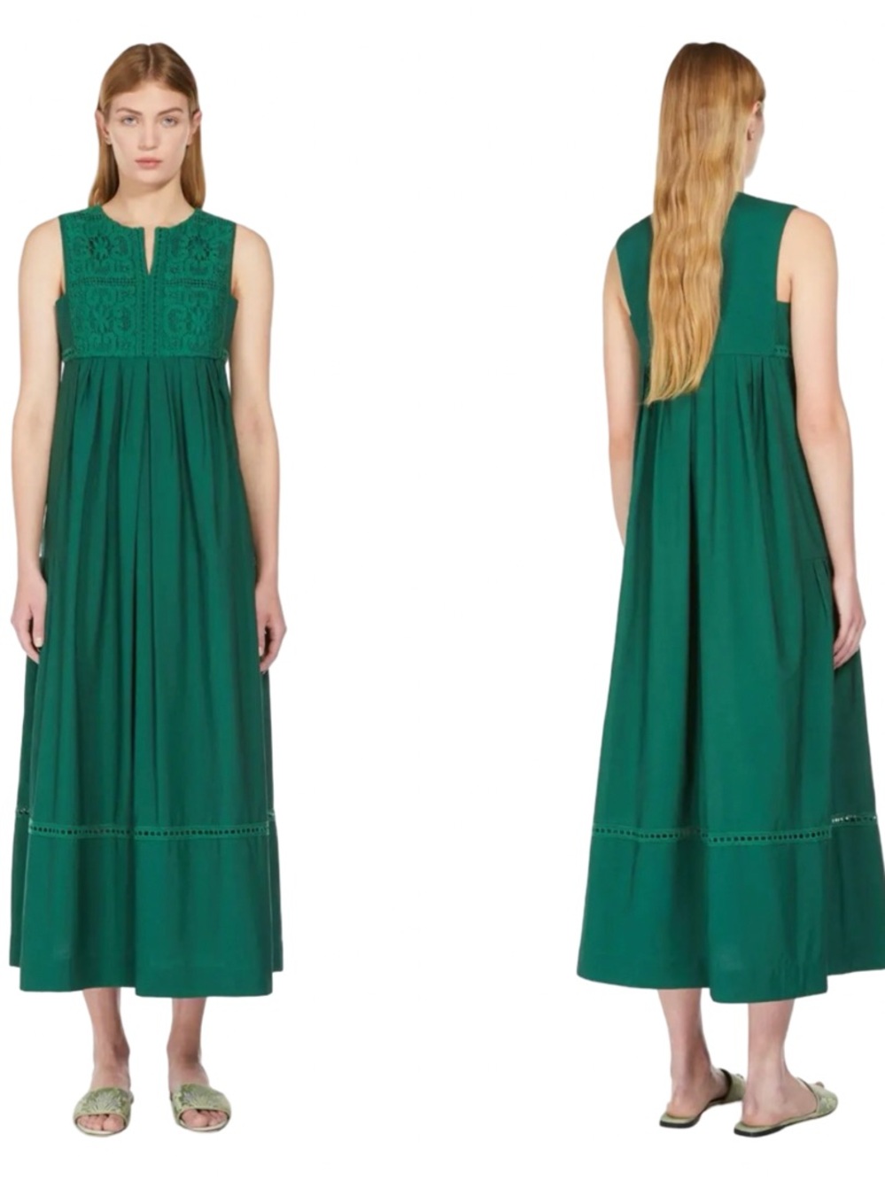 NWT MAX MARA “Volta” Green Cotton Poplin Maxi Dress with Crochet Bodice - Picture 3 of 16